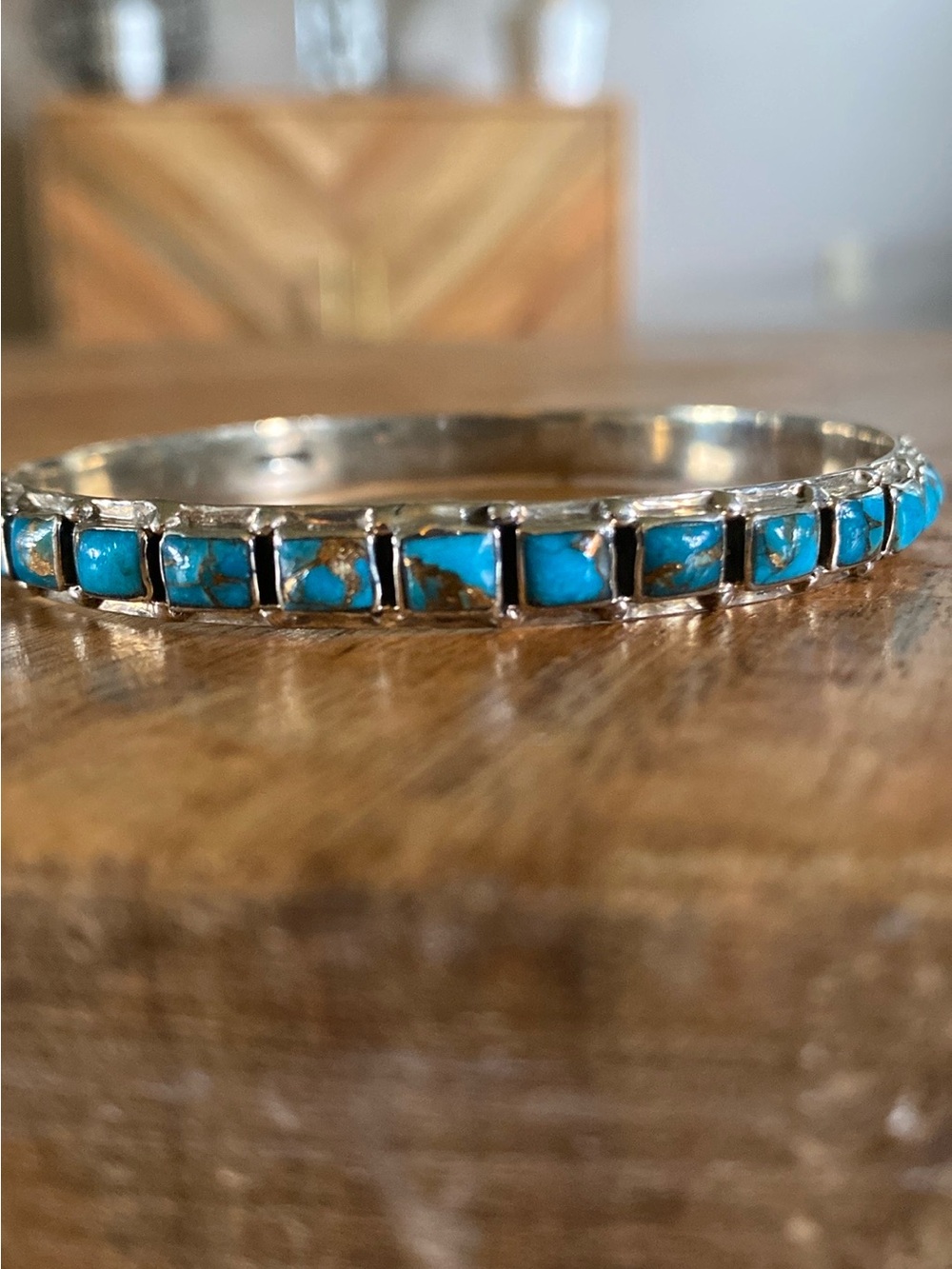 Navajo Channel Inlay Row Bracelet with Mojave Turquoise & Sterling Silver